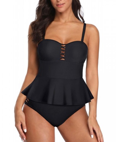 Black Two Piece Women Tankini Swimsuits Tummy Control Bathing Suits Peplum Swim Top with High Waisted Swim Bottom L $20.39 Sw...