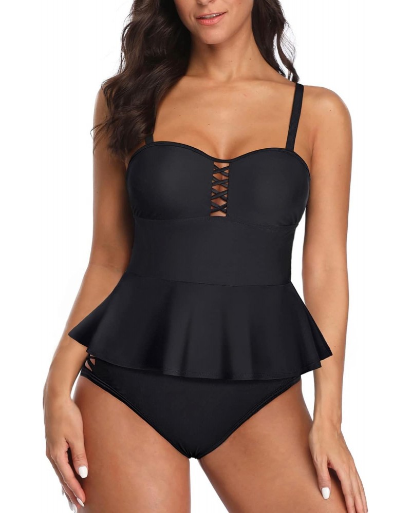 Black Two Piece Women Tankini Swimsuits Tummy Control Bathing Suits Peplum Swim Top with High Waisted Swim Bottom L $20.39 Sw...