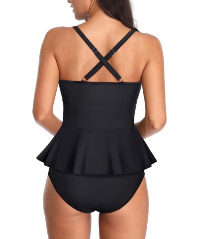 Black Two Piece Women Tankini Swimsuits Tummy Control Bathing Suits Peplum Swim Top with High Waisted Swim Bottom L $20.39 Sw...