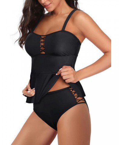 Black Two Piece Women Tankini Swimsuits Tummy Control Bathing Suits Peplum Swim Top with High Waisted Swim Bottom L $20.39 Sw...