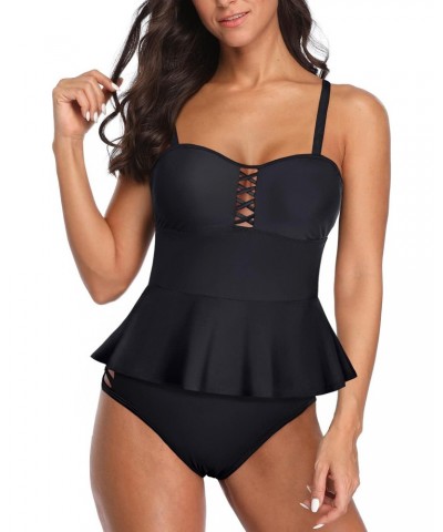 Black Two Piece Women Tankini Swimsuits Tummy Control Bathing Suits Peplum Swim Top with High Waisted Swim Bottom L $20.39 Sw...