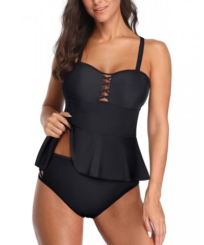 Black Two Piece Women Tankini Swimsuits Tummy Control Bathing Suits Peplum Swim Top with High Waisted Swim Bottom L $20.39 Sw...