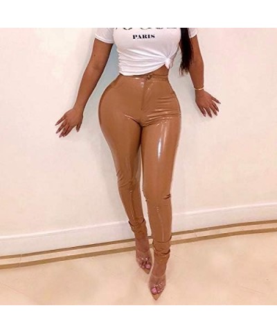 Leather Pants Women Winter PU Faux Leather Leggings for Women Fleece Lining High Waist Leather Pant Light Tan $20.75 Leggings