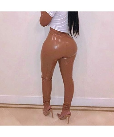 Leather Pants Women Winter PU Faux Leather Leggings for Women Fleece Lining High Waist Leather Pant Light Tan $20.75 Leggings