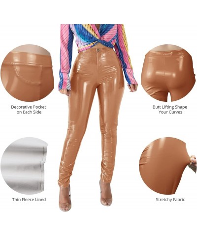 Leather Pants Women Winter PU Faux Leather Leggings for Women Fleece Lining High Waist Leather Pant Light Tan $20.75 Leggings