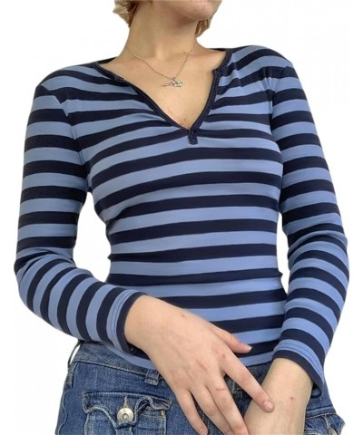 Women Y2k Aesthetic T-Shirt Striped Long Sleeve Ribbed Knit Grunge Top 2000s Punk Gothic Tee Shirt E-Girl Streetwear J Blue V...