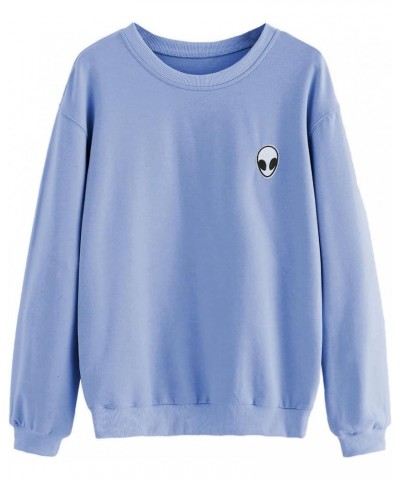 Womens Casual Long Sleeve Pullover Sweatshirt Alien Patch Shirt Tops Light Blue $18.59 Hoodies & Sweatshirts