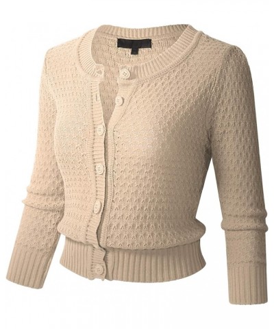 Women's Button Down 3/4 Sleeve Cropped Knit Cardigan Crochet Sweater (S-3XL) Oatmeal $19.60 Sweaters