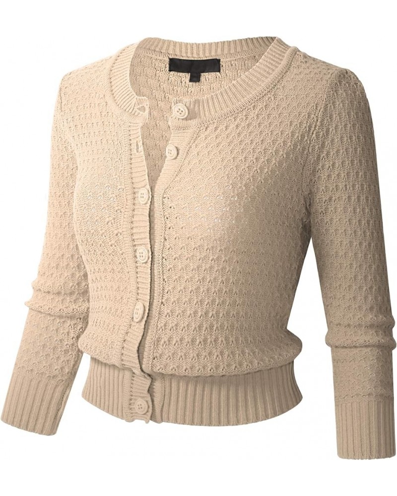 Women's Button Down 3/4 Sleeve Cropped Knit Cardigan Crochet Sweater (S-3XL) Oatmeal $19.60 Sweaters