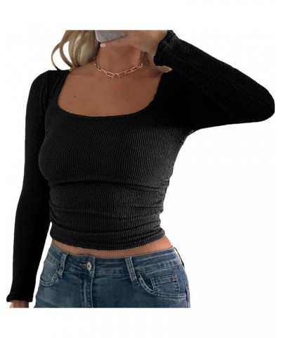 Ribbed Long Sleeve Tops for Women Slim Fit Crew Neck Top Solid Basic Knit Crop Top Streetwear Skinny Shirt Black-uneven $10.6...