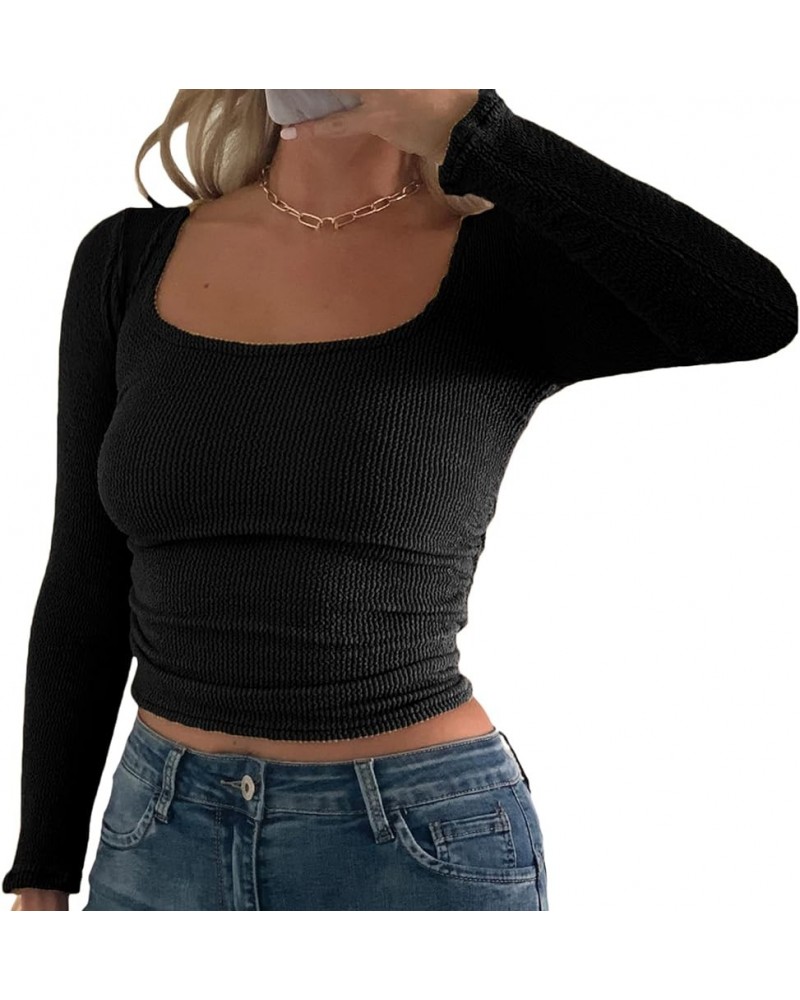 Ribbed Long Sleeve Tops for Women Slim Fit Crew Neck Top Solid Basic Knit Crop Top Streetwear Skinny Shirt Black-uneven $10.6...