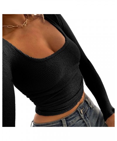 Ribbed Long Sleeve Tops for Women Slim Fit Crew Neck Top Solid Basic Knit Crop Top Streetwear Skinny Shirt Black-uneven $10.6...