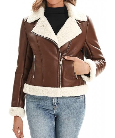 Women's Faux Shearing Fur Winter Coat Warm Thick Fur Lined Faux Leather Jacket 104 Brown $35.52 Coats