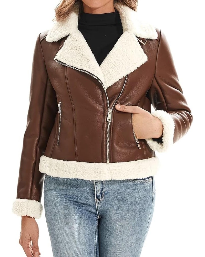 Women's Faux Shearing Fur Winter Coat Warm Thick Fur Lined Faux Leather Jacket 104 Brown $35.52 Coats