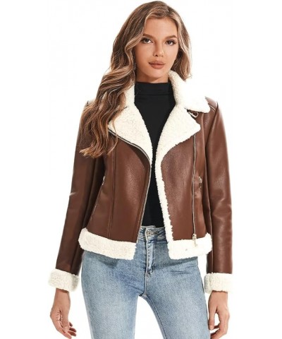 Women's Faux Shearing Fur Winter Coat Warm Thick Fur Lined Faux Leather Jacket 104 Brown $35.52 Coats