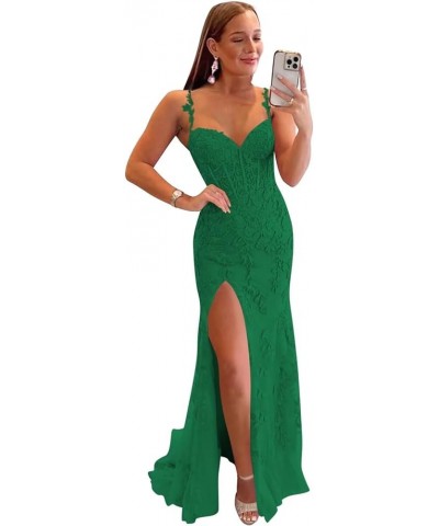 Women's Lace Mermaid Prom Dresses Long with Slit 2024 Spaghetti Straps Backless Formal Evening Gowns RA008 Emerald Green $52....