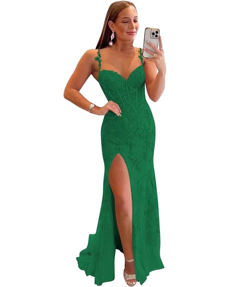 Women's Lace Mermaid Prom Dresses Long with Slit 2024 Spaghetti Straps Backless Formal Evening Gowns RA008 Emerald Green $52....