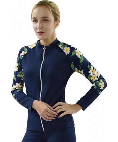 Women UPF50+ Front Zipper Up Long Sleeve Swimsuits Top with Both Side Pockets Swim Rash Guard (JRSRGT) Navy With Hawaiian Nav...