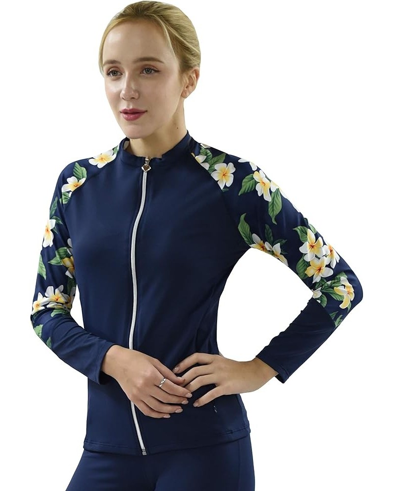 Women UPF50+ Front Zipper Up Long Sleeve Swimsuits Top with Both Side Pockets Swim Rash Guard (JRSRGT) Navy With Hawaiian Nav...