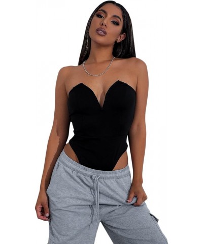 Women's Notched V Neck Sleeveless Strapless Bodysuit One Piece Leotard Tube Top Black $16.20 Bodysuits