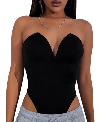 Women's Notched V Neck Sleeveless Strapless Bodysuit One Piece Leotard Tube Top Black $16.20 Bodysuits