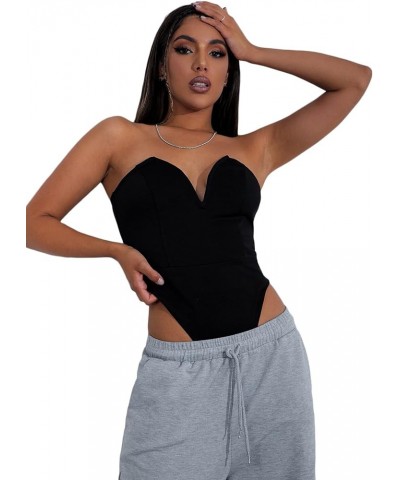 Women's Notched V Neck Sleeveless Strapless Bodysuit One Piece Leotard Tube Top Black $16.20 Bodysuits