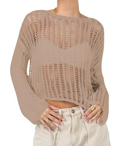 Women Hollow Out Crochet Knit Crop Top See Through Long Sleeve Fishnet Crop Shirt Sexy Smock Pullover Cover Up Khaki $9.90 Sw...