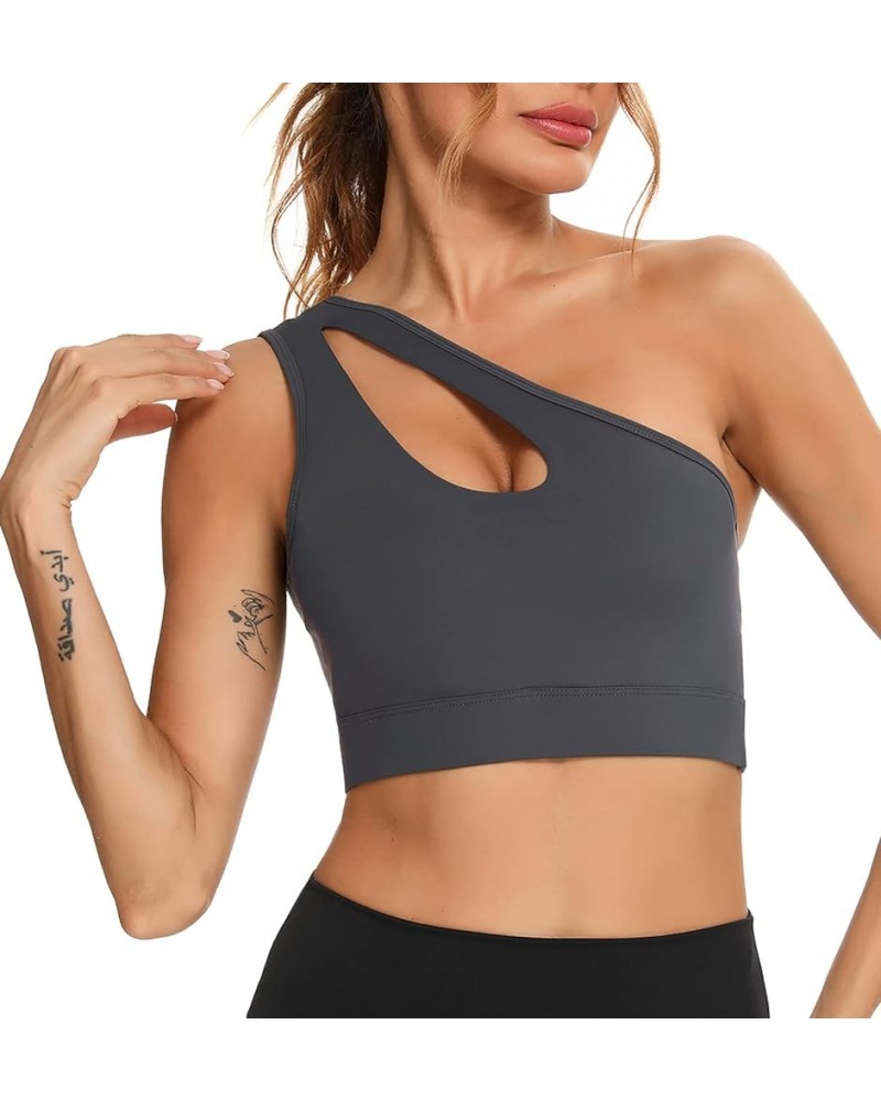 One Shoulder Sports Bra Removable Padded Sexy Yoga Top Medium Support Dark Grey $13.28 Lingerie