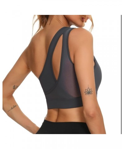 One Shoulder Sports Bra Removable Padded Sexy Yoga Top Medium Support Dark Grey $13.28 Lingerie