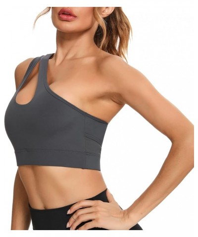 One Shoulder Sports Bra Removable Padded Sexy Yoga Top Medium Support Dark Grey $13.28 Lingerie