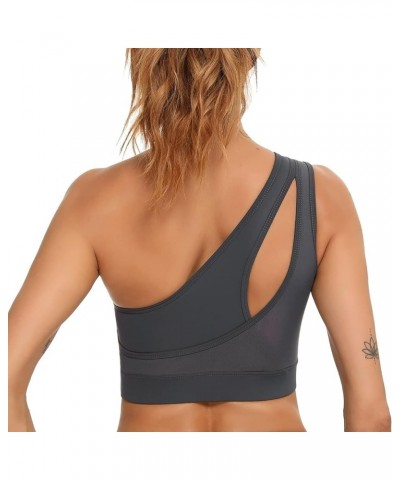 One Shoulder Sports Bra Removable Padded Sexy Yoga Top Medium Support Dark Grey $13.28 Lingerie