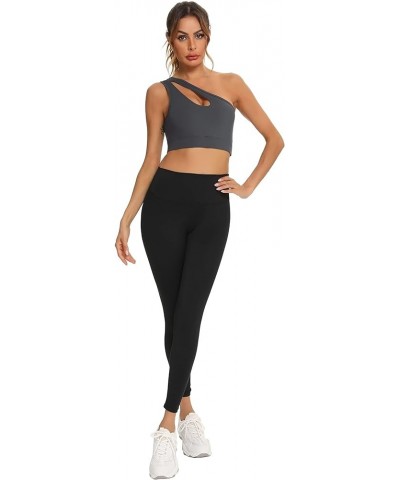 One Shoulder Sports Bra Removable Padded Sexy Yoga Top Medium Support Dark Grey $13.28 Lingerie