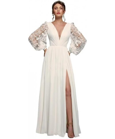 Long Sleeve Bridesmaid Dresses Chiffon Prom Dress Long Lace Applique Wedding Dress V Neck Formal Gowns with Slit Ivory $35.20...