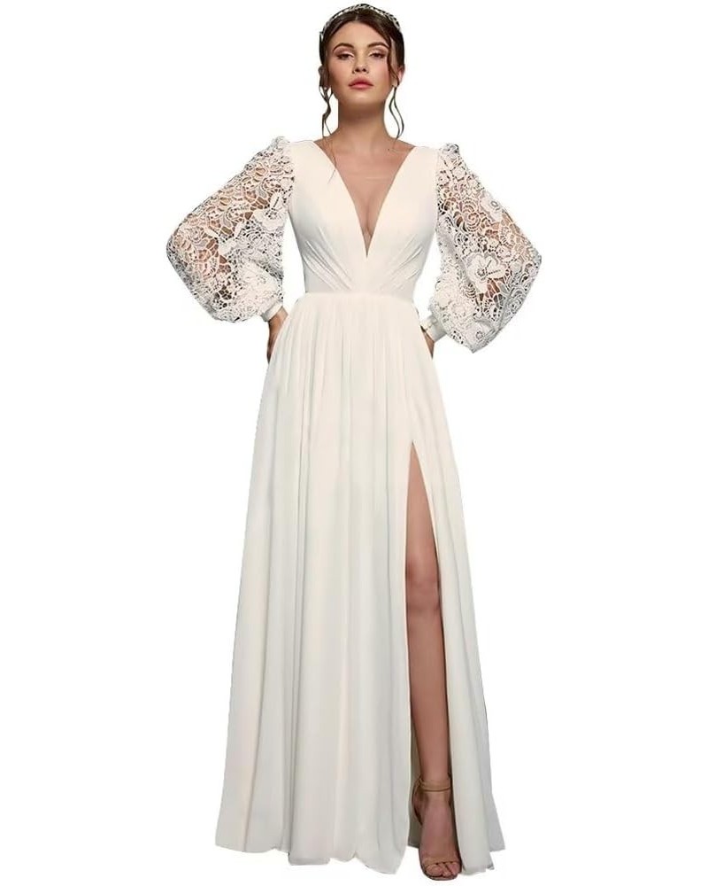 Long Sleeve Bridesmaid Dresses Chiffon Prom Dress Long Lace Applique Wedding Dress V Neck Formal Gowns with Slit Ivory $35.20...