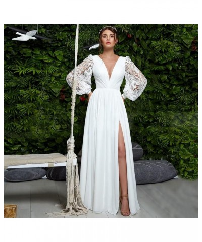 Long Sleeve Bridesmaid Dresses Chiffon Prom Dress Long Lace Applique Wedding Dress V Neck Formal Gowns with Slit Ivory $35.20...