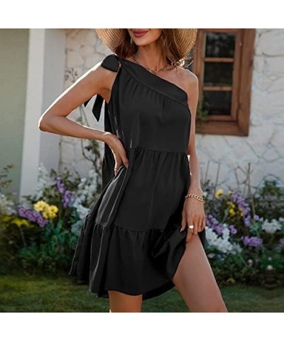 Women Summer Tunic Dress One Shoulder Knot Ruffle Flowy Swing Shirt Dress Casual Beach Mini Dress Black $9.71 Dresses