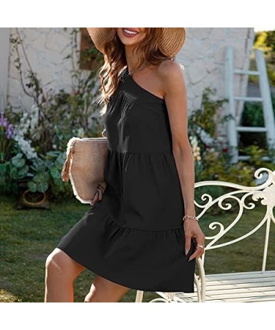 Women Summer Tunic Dress One Shoulder Knot Ruffle Flowy Swing Shirt Dress Casual Beach Mini Dress Black $9.71 Dresses