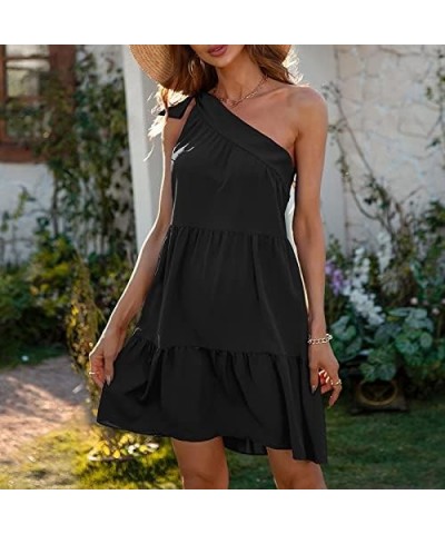 Women Summer Tunic Dress One Shoulder Knot Ruffle Flowy Swing Shirt Dress Casual Beach Mini Dress Black $9.71 Dresses