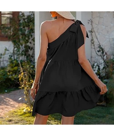 Women Summer Tunic Dress One Shoulder Knot Ruffle Flowy Swing Shirt Dress Casual Beach Mini Dress Black $9.71 Dresses