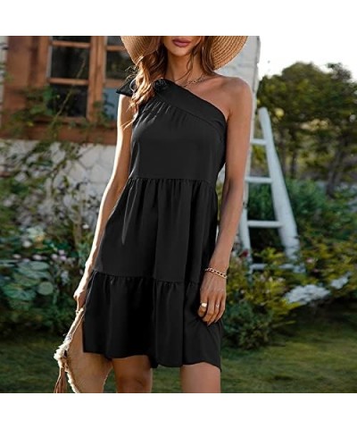 Women Summer Tunic Dress One Shoulder Knot Ruffle Flowy Swing Shirt Dress Casual Beach Mini Dress Black $9.71 Dresses