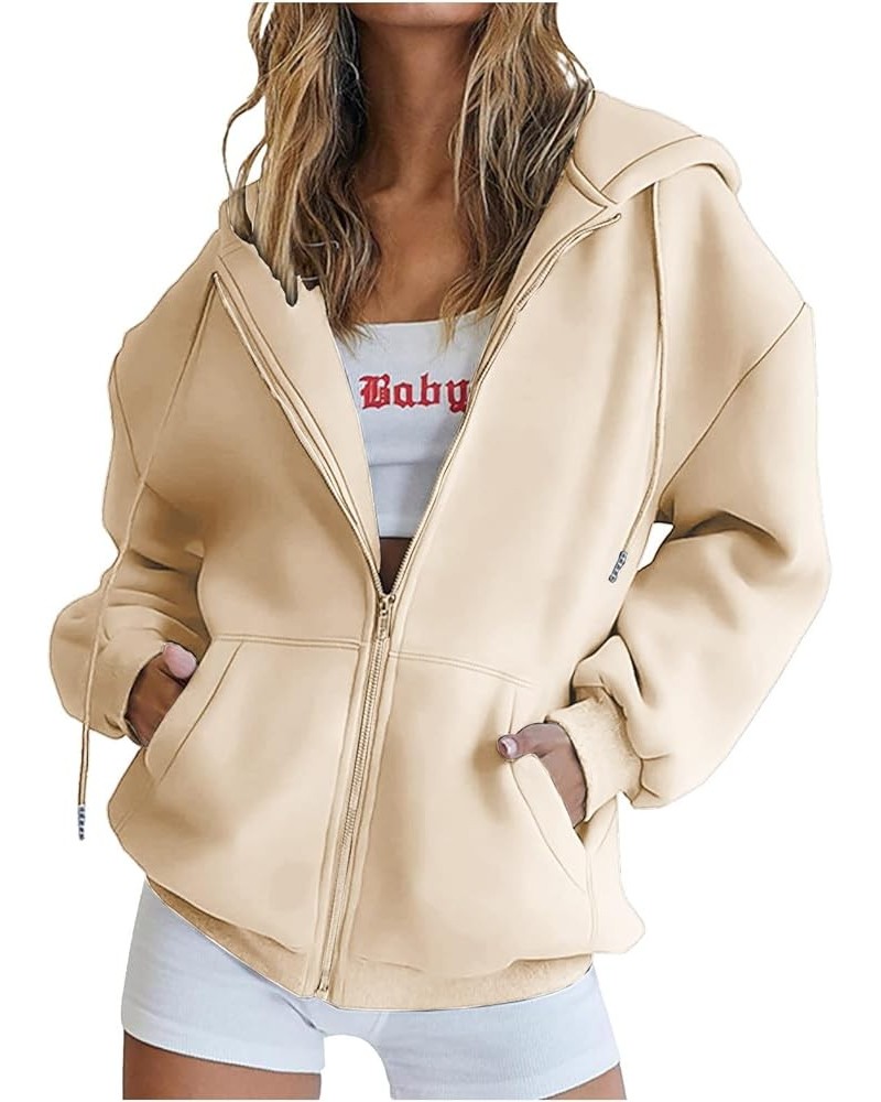 Womens Oversized Hoodie Sweatshirt Full Zip Up Jacket Drawstring Hooded Top Teen Girl Y2k Preppy Clothing with Pocket Beige 1...