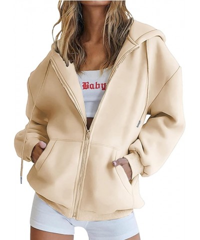 Womens Oversized Hoodie Sweatshirt Full Zip Up Jacket Drawstring Hooded Top Teen Girl Y2k Preppy Clothing with Pocket Beige 1...