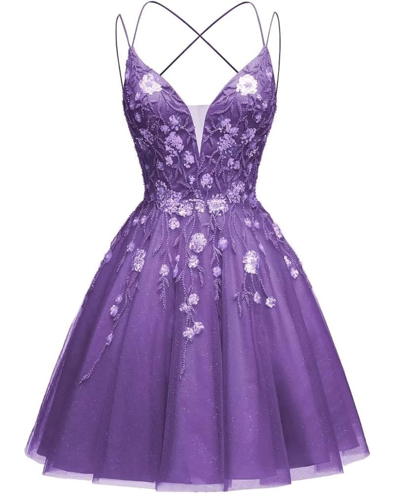 Lace Appliques Homecoming Dresses Short Tulle Prom Dress Cocktail Party Gowns Evening Dress Purple $32.00 Dresses