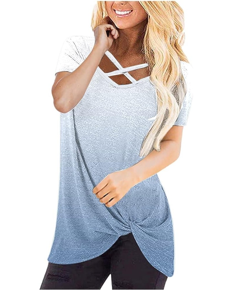 Women's Summer Short Sleeve T Shirts Sexy Criss Cross V Neck Tie Dye Tee Tops Twiss Knot Ombre Tunic Blouse 1-blue $7.37 Tops