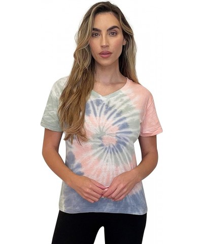 Tie Dye V-Neck T-Shirt Tie Dye Aqua Pink and Grey Swirl $8.69 Tops