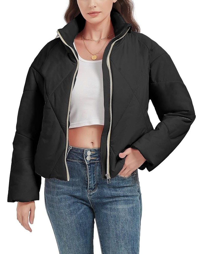 Women Quilted Cropped Jackets Winter Coats Crop Jackets LightWeight Jackets Black-2 $22.95 Jackets