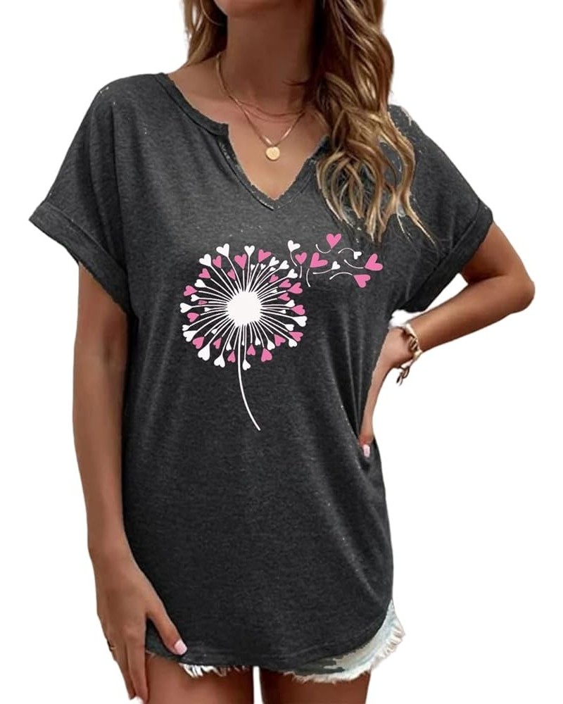 Women's T-Shirts V-Neck Dandelion Print Short Sleeve Casual Tee Tops Cute Graphic Shirts Solid Color Blouse Vlt-dgrey01 $12.5...