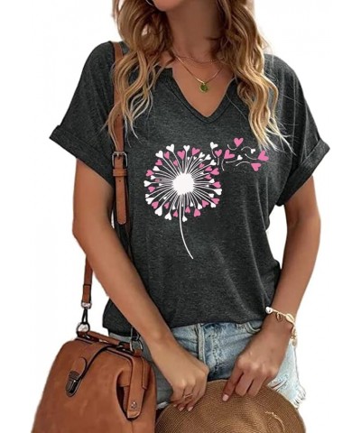 Women's T-Shirts V-Neck Dandelion Print Short Sleeve Casual Tee Tops Cute Graphic Shirts Solid Color Blouse Vlt-dgrey01 $12.5...