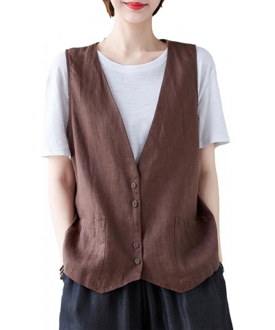 Womens Cotton Linen Vest Casual Loose V Neck Sleeveless Vests Jacket Blazer Waistcoat with Pockets 02 Coffee $13.20 Vests