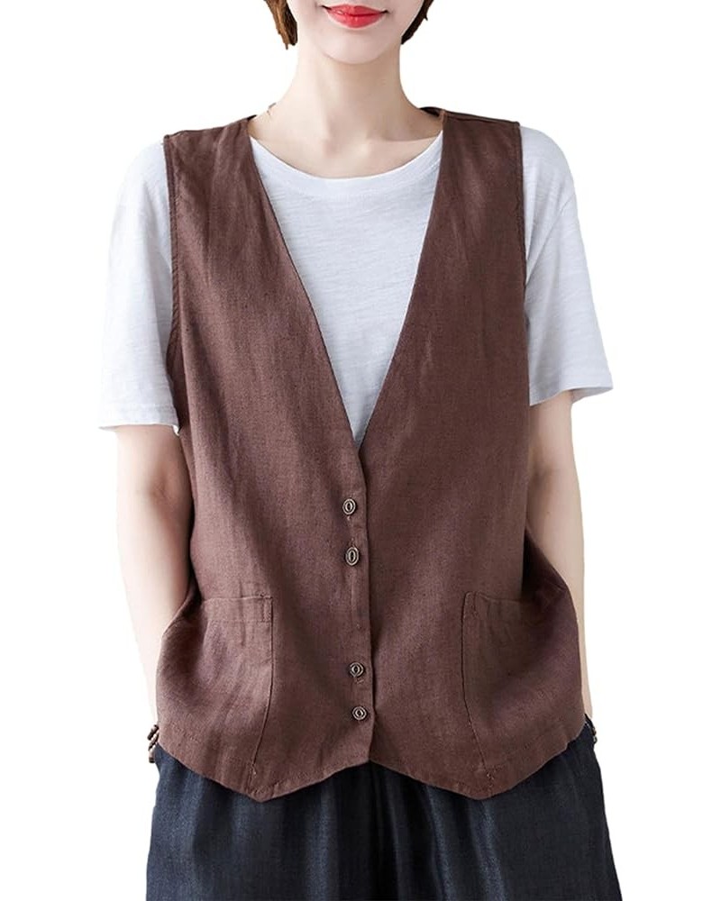 Womens Cotton Linen Vest Casual Loose V Neck Sleeveless Vests Jacket Blazer Waistcoat with Pockets 02 Coffee $13.20 Vests